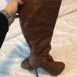 Below knee wide calf brown leather boot